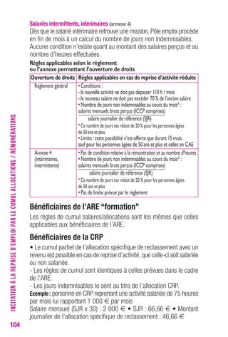 Salariés intermittents, intérimaires (annexe 4) 
Dès que le salarié intérimaire retrouve une mission, Pôle emploi procède 
en fin de mois à un calcul du nombre de jours non indemnisables. 
Aucune condition n’existe quant au montant des salaires perçus et au 
nombre d’heures effectuées. 
Règles applicables selon le règlement 
ou l’annexe permettant l’ouverture de droits 
Ouverture de droits Règles applicables en cas de reprise d’activité réduite 
Règlement général • Conditions : 
- la nouvelle activité ne doit pas dépasser 110 h / mois 
- le nouveau salaire ne doit pas excéder 70 % de l’ancien salaire 
• Nombre de jours non indemnisables au cours du mois* : 
salaires mensuels bruts perçus (ICCP comprises) 
salaire journalier de référence (SJR) 
* Ce nombre de jours est réduit de 20 % pour les personnes âgées 
de 50 ans et plus. 
• Limite : cette possibilité n’est offerte que durant 15 mois, 
sauf pour les personnes âgées de 50 ans et plus et celles en CAE 
Annexe 4 • Pas de condition relative à la rémunération et au nombre d’heures 
(intérimaires, • Nombre de jours non indemnisables au cours du mois* : 
intermittents) salaires mensuels bruts perçus (ICCP comprises) 
salaire journalier de référence (SJR) 
* Ce nombre de jours est réduit de 20 % pour les personnes âgées 
de 50 ans et plus 
• Pas de limite prévue par le règlement 
Bénéficiaires de l’ARE “formation” 
Les règles de cumul salaires/allocations sont les mêmes que celles 
applicables aux bénéficiaires de l’ARE. 
Bénéficiaires de la CRP 
• Le cumul partiel de l’allocation spécifique de reclassement avec un 
revenu est possible en cas de reprise d’activité, que celle-ci soit salariée 
ou non salariée. 
- Les règles de cumul sont identiques à celles prévues dans le cadre 
de l’ARE. 
- Les jours indemnisables le sont au titre de l’allocation CRP. 
Exemple : personne en CRP reprenant une activité salariée de 75 heures 
par mois lui rapportant 1 000 € par mois 
Salaire mensuel (SJR x 30) : 2 000 € • SJR : 66,66 € • Montant 
journalier de l’allocation spécifique de reclassement : 46,66 € 
104INCITATION À LA REPRISE D’EMPLOI PAR LE CUMUL ALLOCATIONS / RÉMUNÉRATIONS 
 