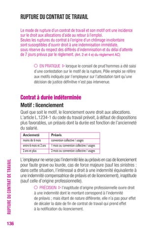 Rupture du contrat de travail 
Le mode de rupture d’un contrat de travail et son motif ont une incidence 
sur le droit aux allocations d’aide au retour à l’emploi. 
Seules les ruptures du contrat à l’origine d’un chômage involontaire 
sont susceptibles d’ouvrir droit à une indemnisation immédiate, 
sous réserve du respect des différés d’indemnisation et du délai d’attente 
de 7 jours prévus par le règlement. (Art. 2 et 4 e) du règlement AC) 
EN PRATIQUE lorsque le conseil de prud’hommes a été saisi 
d’une contestation sur le motif de la rupture, Pôle emploi se réfère 
aux motifs indiqués par l’employeur sur l’attestation tant qu’une 
décision de justice définitive n’est pas intervenue. 
Contrat à durée indéterminée 
Motif : licenciement 
Quel que soit le motif, le licenciement ouvre droit aux allocations. 
L’article L.1234-1 du code du travail prévoit, à défaut de dispositions 
plus favorables, un préavis dont la durée est fonction de l’ancienneté 
du salarié. 
Ancienneté Préavis 
moins de 6 mois convention collective / usages 
entre 6 mois et 2 ans 1 mois ou convention collective / usages 
2 ans et plus 2 mois ou convention collective / usages 
L’employeur ne verse pas l’indemnité liée au préavis en cas de licenciement 
pour faute grave ou lourde, cas de force majeure (sauf les sinistres : 
dans cette situation, l’intéressé a droit à une indemnité équivalente à 
une indemnité compensatrice de préavis et de licenciement), inaptitude 
(sauf celle d’origine professionnelle). 
PRÉCISION l’inaptitude d’origine professionnelle ouvre droit 
à une indemnité dont le montant correspond à l’indemnité 
de préavis ; mais étant de nature différente, elle n’a pas pour effet 
de décaler la date de fin de contrat de travail qui prend effet 
à la notification du licenciement. 
136RUPTURE DU CONTRAT DE TRAVAIL 
 