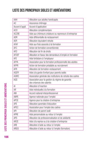 166 
AAH Allocation aux adultes handicapés 
AC Assurance chômage 
Accord d’appli. Accord d’application 
ACO Allocation complémentaire 
ACCRE Aide aux chômeurs créateurs ou repreneurs d’entreprise 
ADR Aide différentielle de reclassement 
AER Allocation équivalent retraite 
AFAF Aide aux frais associés à la formation 
AFC Action de formation conventionnée 
AFD Allocation de fin de droits 
AFDEF Allocation en faveur des demandeurs d’emploi en formation 
AFE Aide forfaitaire à l’employeur 
AFPA Association pour la formation professionnelle des adultes 
AFPR Action de formation préalable au recrutement 
AFR Allocation de formation-reclassement 
AGEPI Aide à la garde d’enfant pour parents isolés 
AGIRC Association générale des institutions de retraite des cadres 
AGS Association pour la gestion du régime de garantie 
des créances des salariés 
AI Allocation d’insertion 
AIF Aide individuelle à la formation 
ANI Accord national interprofessionnel 
ANPE Agence nationale pour l’emploi 
APCE Agence pour la création d’entreprise 
APE Allocation parentale d’éducation 
APEC Association pour l’emploi des cadres 
API Allocation de parent isolé 
APRE Aide personnalisée au retour à l’emploi 
APS Allocation de professionnalisation et de solidarité 
ARCE Aide à la reprise ou à la création d’entreprise 
ARE Allocation d’aide au retour à l’emploi 
ARE(f) Allocation d’aide au retour à l’emploi (formation) 
LISTE DES PRINCIPAUX SIGLES ET ABRÉVIATIONS 
Liste des principaux sigles et abréviations 
 