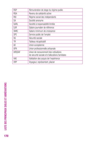 170 
RSP Rémunération de stage du régime public 
RSA Revenu de solidarité active 
RSI Régime social des indépendants 
SA Société anonyme 
SARL Société à responsabilité limitée 
SJR Salaire journalier de référence 
SMIC Salaire minimum de croissance 
SPE Service public de l’emploi 
SS Sécurité sociale 
TR Tableau récapitulatif 
UE Union européenne 
UPA Union professionnelle artisanale 
URSSAF Union de recouvrement des cotisations 
de sécurité sociale et d’allocations familiales 
VAE Validation des acquis de l’expérience 
VRP Voyageur, représentant, placier 
LISTE DES PRINCIPAUX SIGLES ET ABRÉVIATIONS 
 