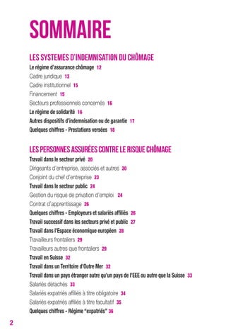 2 
SOMMAIRE 
LES SYSTEMES D’INDEMNISATION DU CHÔMAGE 
Le régime d’assurance chômage 12 
Cadre juridique 13 
Cadre institutionnel 15 
Financement 15 
Secteurs professionnels concernés 16 
Le régime de solidarité 16 
Autres dispositifs d’indemnisation ou de garantie 17 
Quelques chiffres - Prestations versées 18 
LES PERSONNES ASSURÉES CONTRE LE RISQUE CHÔMAGE 
travail dans le secteur privé 20 
Dirigeants d’entreprise, associés et autres 20 
Conjoint du chef d’entreprise 23 
travail dans le secteur public 24 
Gestion du risque de privation d’emploi 24 
Contrat d’apprentissage 26 
Quelques chiffres - employeurs et salariés affiliés 26 
travail successif dans les secteurs privé et public 27 
travail dans l’espace économique européen 28 
Travailleurs frontaliers 29 
Travailleurs autres que frontaliers 29 
travail en Suisse 32 
travail dans un territoire d’outre Mer 32 
travail dans un pays étranger autre qu’un pays de l’eee ou autre que la Suisse 33 
Salariés détachés 33 
Salariés expatriés affiliés à titre obligatoire 34 
Salariés expatriés affiliés à titre facultatif 35 
Quelques chiffres - régime “expatriés” 36 
 