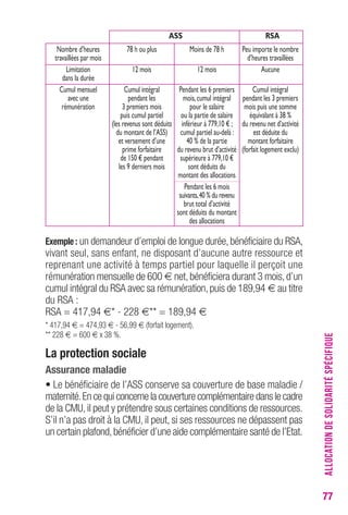 77 
ASS RSA 
exemple : un demandeur d’emploi de longue durée, bénéficiaire du RSA, 
vivant seul, sans enfant, ne disposant d’aucune autre ressource et 
reprenant une activité à temps partiel pour laquelle il perçoit une 
rémunération mensuelle de 600 € net, bénéficiera durant 3 mois, d’un 
cumul intégral du RSA avec sa rémunération, puis de 189,94 € au titre 
du RSA : 
RSA = 417,94 €* - 228 €** = 189,94 € 
* 417,94 € = 474,93 € - 56,99 € (forfait logement). 
** 228 € = 600 € x 38 %. 
La protection sociale 
Assurance maladie 
• Le bénéficiaire de l’ASS conserve sa couverture de base maladie / 
maternité. En ce qui concerne la couverture complémentaire dans le cadre 
de la CMU, il peut y prétendre sous certaines conditions de ressources. 
S’il n’a pas droit à la CMU, il peut, si ses ressources ne dépassent pas 
un certain plafond, bénéficier d’une aide complémentaire santé de l’Etat. 
ALLOCATION DE SOLIDARITÉ SPÉCIFIQUE 
Nombre d’heures 
travaillées par mois 
Limitation 
dans la durée 
Cumul mensuel 
avec une 
rémunération 
78 h ou plus 
12 mois 
Cumul intégral 
pendant les 
3 premiers mois 
puis cumul partiel 
(les revenus sont déduits 
du montant de l’ASS) 
et versement d’une 
prime forfaitaire 
de 150 € pendant 
les 9 derniers mois 
Moins de 78 h 
12 mois 
Pendant les 6 premiers 
mois, cumul intégral 
pour le salaire 
ou la partie de salaire 
inférieur à 779,10 € ; 
cumul partiel au-delà : 
40 % de la partie 
du revenu brut d’activité 
supérieure à 779,10 € 
sont déduits du 
montant des allocations 
Pendant les 6 mois 
suivants, 40 % du revenu 
brut total d’activité 
sont déduits du montant 
des allocations 
Peu importe le nombre 
d’heures travaillées 
Aucune 
Cumul intégral 
pendant les 3 premiers 
mois puis une somme 
équivalant à 38 % 
du revenu net d’activité 
est déduite du 
montant forfaitaire 
(forfait logement exclu) 
 