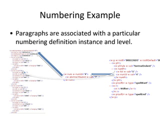 Numbering Example
• Paragraphs are associated with a particular
numbering definition instance and level.
 
