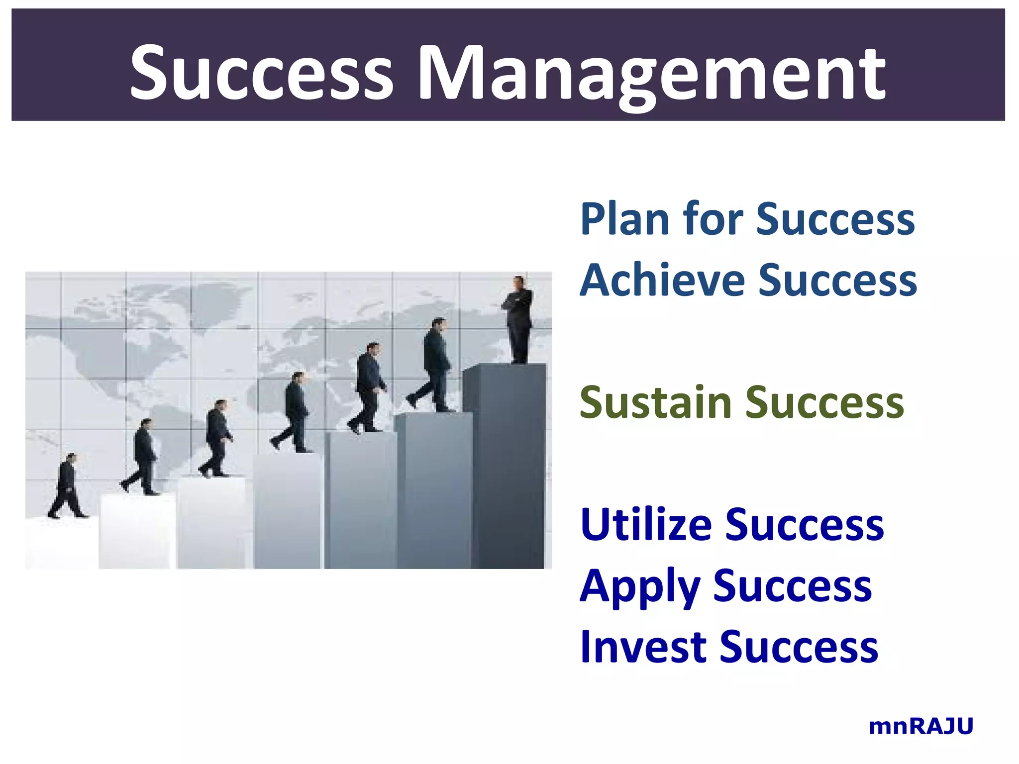 Success Management
          Plan for Success
          Achieve Success

          Sustain Success

          Utilize Success
          Apply Success
          Invest Success
                        mnRAJU
 