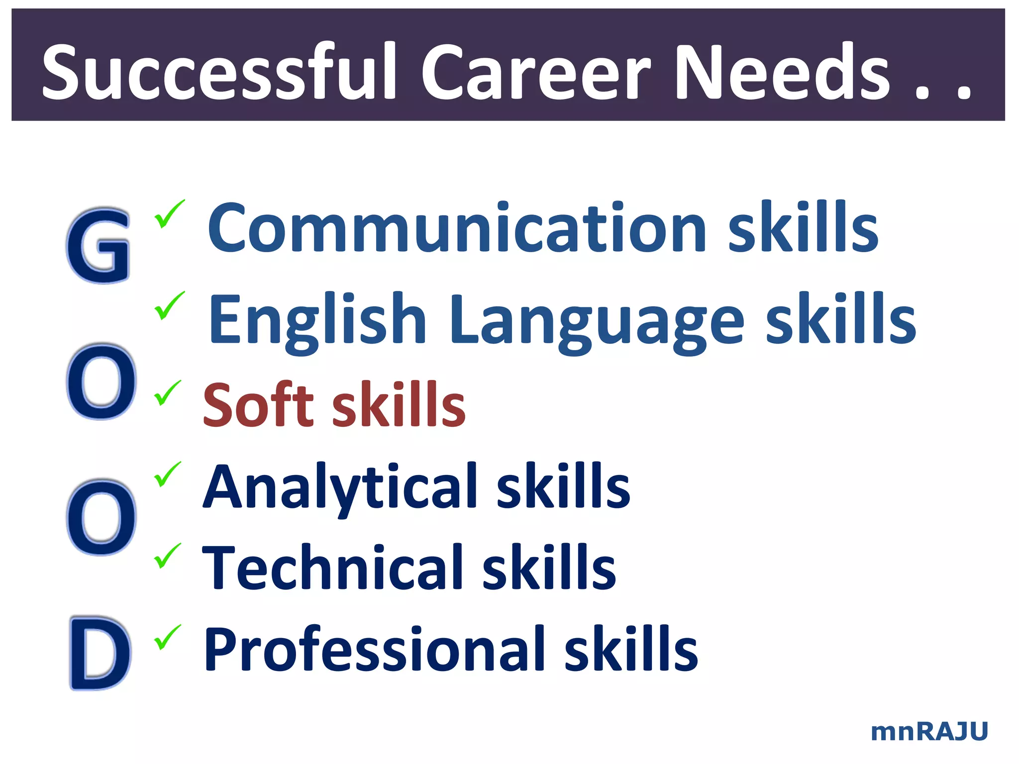 Successful Career Needs . .
    Communication skills
    English Language skills
    Soft skills
    Analytical skills
    Technical skills

    Professional skills

                           mnRAJU
 