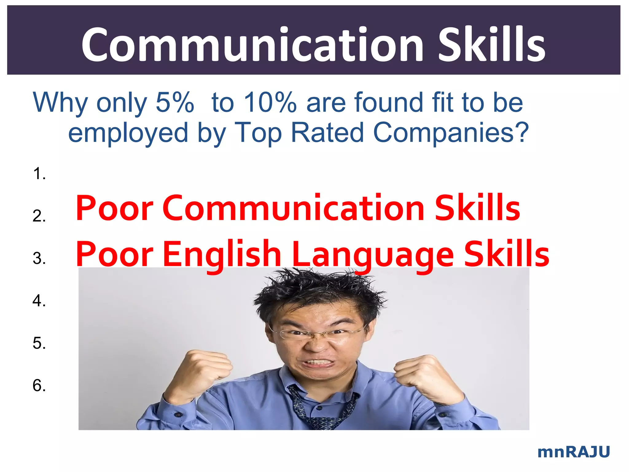 Communication Skills
Why only 5% to 10% are found fit to be
  employed by Top Rated Companies?
1.

2.   Poor Communication Skills
3.   Poor English Language Skills
4.

5.

6.


                                         mnRAJU
 