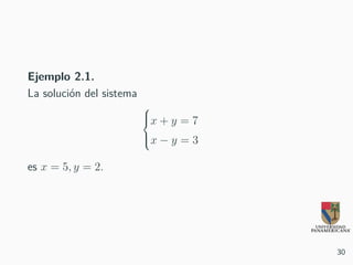 Ejemplo 2.1.
La solución del sistema



x + y = 7
x − y = 3
es x = 5, y = 2.
30
 