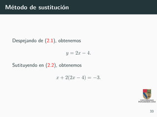 Método de sustitución
Despejando de (2.1), obtenemos
y = 2x − 4.
Sutituyendo en (2.2), obtenemos
x + 2(2x − 4) = −3.
33
 