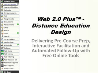 Web 2.0 Plus™ -
Distance Education
      Design
Delivering Pre-Course Prep,
Interactive Facilitation and
Automated Follow-Up with
     Free Online Tools
 