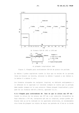 - 9 - NI 0 0 . 0 2 . 5 2 99-09
841
Doblez final
5ª doblez1ª doblez
297
297
4ª doblez
210 185119 185 185 185
3ª doblez
2ª doblez
105
119
1189
6ª doblez
7ª doblez
8ª doblez
PORTADA
a
b
c
d) formato DIN A0 (841 x 1189 mm)
dobleces
185
25
210
dobleces
longitud = L
L = 210 + 2 x + n 185
L - 210 - n 185
2
x =
n = 2 (par) el mayor posible
Portada
x
x
(parte visible)
e) plegado longitudinal (mm)
Figura 3. Plegado para archivadores DIN A4 de planos con portada
La doblez 2 podrá suprimirse cuando la faja que va encima de la portada
(zona en blanco) se recorte, entonces la doblez 3 pasará a ser doblez 2,
la doblez 4 a doblez 3, etc.
Los formatos alargados de cualquier longitud, se doblarán análogamente a
lo señalado en el apartado 4.2 teniendo siempre en cuenta que la portada
debe quedar siempre en la cara anterior (Véase plegado longitudinal y ple-
gado de los formatos DIN A0 y DIN A1, apartado 4.2.1).
4.2.2 Plegado para archivadores A4. Caso en que la altura sea 297 mm.-
Cuando la altura de los planos sea 297 mm o por reducción fotográfica se
haya reducido a 297 mm, cualquiera que sea su longitud, aunque pueden do-
blarse como ya se ha indicado en los apartados anteriores, es recomendable
otra forma de plegado con objeto de dejar una pestaña de 10 mm en su borde
 