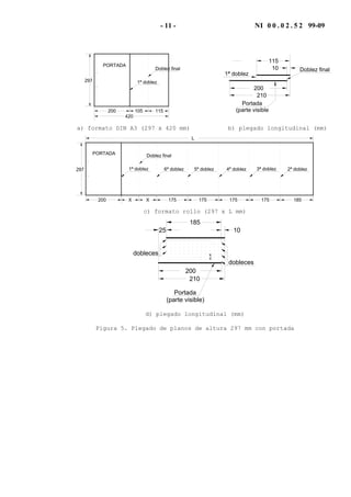 - 11 - NI 0 0 . 0 2 . 5 2 99-09
Doblez final
1ª doblez297
420
200 115105
PORTADA
Doblez final
1ª doblez
10
Portada
115
200
210
(parte visible
a) formato DIN A3 (297 x 420 mm) b) plegado longitudinal (mm)
Doblez final
297
200 185X
1ª doblez
PORTADA
X 175 175 175 175
3ª doblez 2ª doblez4ª doblez5ª doblez6ª doblez
L
c) formato rollo (297 x L mm)
25
200
185
dobleces
dobleces
Portada
10
x
x
210
(parte visible)
d) plegado longitudinal (mm)
Figura 5. Plegado de planos de altura 297 mm con portada
 