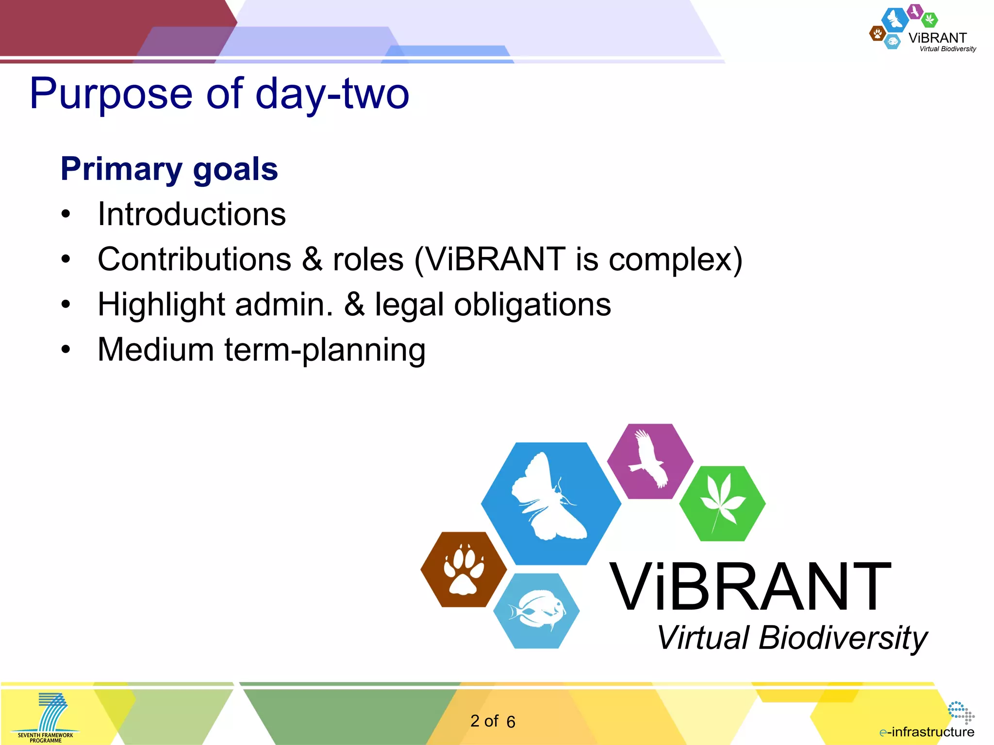 Purpose of day-two Primary goals Introductions  Contributions & roles (ViBRANT is complex) Highlight admin. & legal obligations Medium term-planning 6 ViBRANT Virtual Biodiversity 