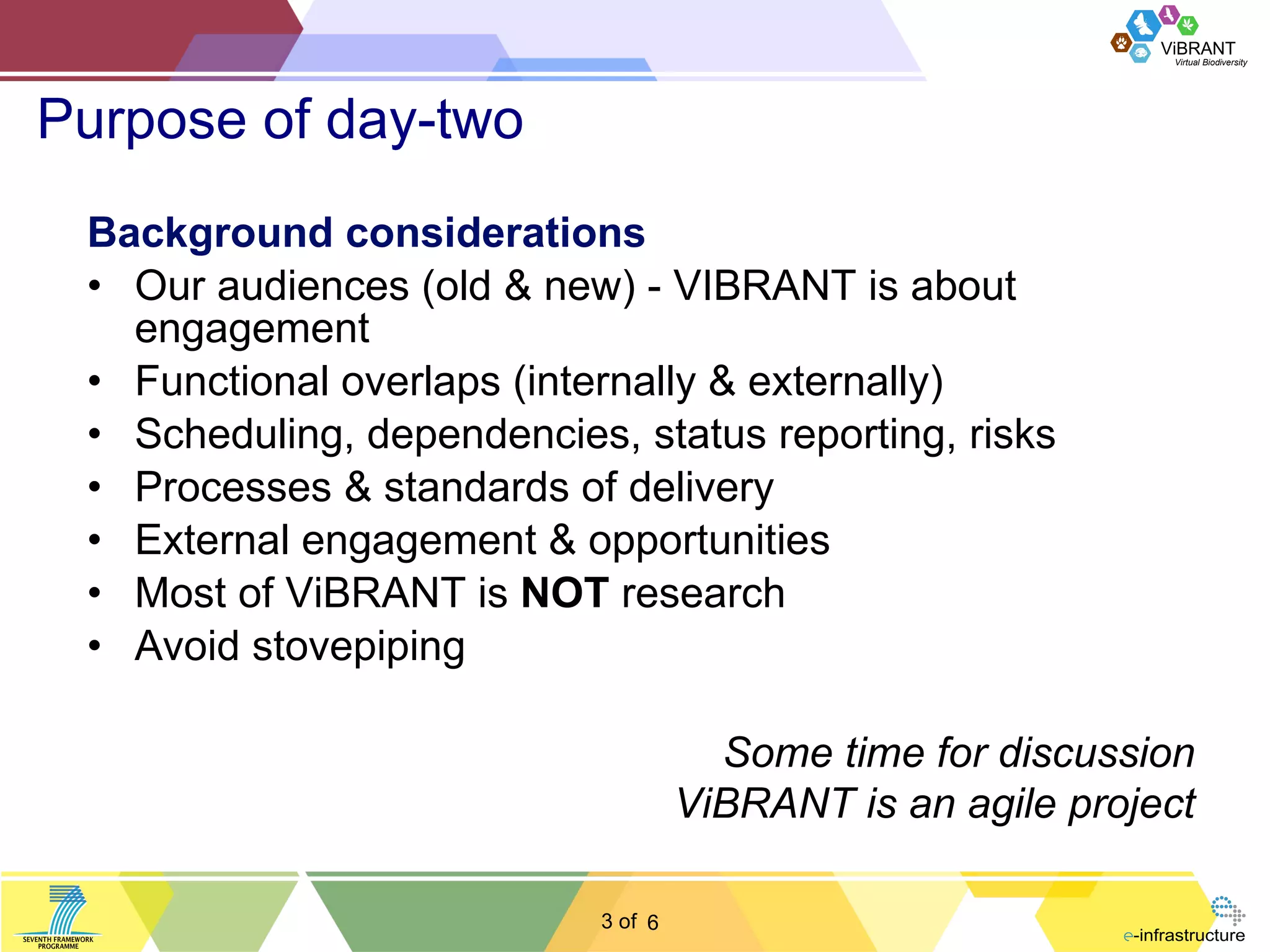 Purpose of day-two Background considerations Our audiences (old & new) - VIBRANT is about engagement Functional overlaps (internally & externally) Scheduling, dependencies, status reporting, risks Processes & standards of delivery External engagement & opportunities Most of ViBRANT is  NOT  research Avoid stovepiping Some time for discussion ViBRANT is an agile project 6 