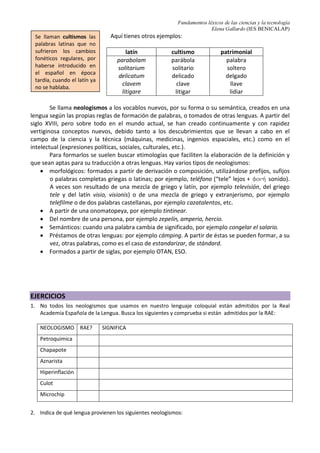 Fundamentos léxicos de las ciencias y la tecnología
Elena Gallardo (IES BENICALAP)
Aquí tienes otros ejemplos:
latín cultismo patrimonial
parabolam
solitarium
delicatum
clavem
litigare
parábola
solitario
delicado
clave
litigar
palabra
soltero
delgado
llave
lidiar
Se llama neologismos a los vocablos nuevos, por su forma o su semántica, creados en una
lengua según las propias reglas de formación de palabras, o tomados de otras lenguas. A partir del
siglo XVIII, pero sobre todo en el mundo actual, se han creado continuamente y con rapidez
vertiginosa conceptos nuevos, debido tanto a los descubrimientos que se llevan a cabo en el
campo de la ciencia y la técnica (máquinas, medicinas, ingenios espaciales, etc.) como en el
intelectual (expresiones políticas, sociales, culturales, etc.).
Para formarlos se suelen buscar etimologías que faciliten la elaboración de la definición y
que sean aptas para su traducción a otras lenguas. Hay varios tipos de neologismos:
• morfológicos: formados a partir de derivación o composición, utilizándose prefijos, sufijos
o palabras completas griegas o latinas; por ejemplo, teléfono (“tele” lejos + fonhv sonido).
A veces son resultado de una mezcla de griego y latín, por ejemplo televisión, del griego
tele y del latín visio, visionis) o de una mezcla de griego y extranjerismo, por ejemplo
telefilme o de dos palabras castellanas, por ejemplo cazatalentos, etc.
• A partir de una onomatopeya, por ejemplo tintinear.
• Del nombre de una persona, por ejemplo zepelín, amperio, hercio.
• Semánticos: cuando una palabra cambia de significado, por ejemplo congelar el salario.
• Préstamos de otras lenguas: por ejemplo cámping. A partir de éstas se pueden formar, a su
vez, otras palabras, como es el caso de estandarizar, de stándard.
• Formados a partir de siglas, por ejemplo OTAN, ESO.
EJERCICIOS
1. No todos los neologismos que usamos en nuestro lenguaje coloquial están admitidos por la Real
Academia Española de la Lengua. Busca los siguientes y comprueba si están admitidos por la RAE:
NEOLOGISMO RAE? SIGNIFICA
Petroquimica
Chapapote
Aznarista
Hiperinflación
Culot
Microchip
2. Indica de qué lengua provienen los siguientes neologismos:
Se llaman cultismos las
palabras latinas que no
sufrieron los cambios
fonéticos regulares, por
haberse introducido en
el español en época
tardía, cuando el latín ya
no se hablaba.
 