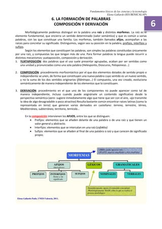 Fundamentos léxicos de las ciencias y la tecnología
Elena Gallardo (IES BENICALAP)
6. LA FORMACIÓN DE PALABRAS
COMPOSICIÓN Y DERIVACIÓN
Morfológicamente podemos distinguir en la palabra una raíz y distintos morfemas. La raíz es el
elemento fundamental, que encierra un sentido determinado (valor semántico) y que es común a varias
palabras, con las que constituye una familia. Los morfemas, también llamados afijos, acompañan a las
raíces para concretar su significado. Distinguimos, según sea su posición en la palabra, prefijos, interfijos y
sufijos.
Según los elementos que constituyen las palabras, son simples las palabras constituidas únicamente
por una raíz, y compuestas las que tengan más de una. Para formar palabras la lengua puede recurrir a
distintos mecanismos: yuxtaposición, composición y derivación.
1. YUXTAPOSICIÓN: dos palabras que el uso suele presentar agrupadas, acaban por ser sentidas como
una unidad y pronunciadas como una sola palabra (Helesponto, Dioscuros, Peloponeso...)
2. COMPOSICIÓN: procedimiento morfosintáctico por el que dos elementos dotados de sentido propio e
independiente se unen, de forma que constituyen una nueva palabra cuyo sentido es un nuevo sentido,
y no la suma de los dos sentidos originarios (filántropo...) El compuesto, una vez creado, evoluciona
semánticamente de manera independiente de los elementos que lo constituyen.
3. DERIVACIÓN: procedimiento en el que uno de los componentes no puede aparecer como tal de
manera independiente, incluso cuando puede asignársele un contenido significativo desde la
perspectiva semántica (aero- sugiere inmediatamente algo que tiene que ver con el aire, -ajo transmite
la idea de algo desagradable o poco atractivo) Resulta bastante común encontrar raíces latinas (como la
representada en terra) que generan varios derivados en castellano: terreno, terrestre, térreo,
Mediterráneo, subterráneo, territorio, terrícola...
En la composición intervienen los AFIJOS, entre los que se distinguen:
• Prefijos: elementos que se añaden delante de una palabra o de una raíz y que tienen un
valor general y abstracto.
• Interfijos: elementos que se intercalan en una raíz (cafetito)
• Sufijos: elementos que se añaden al final de una palabra o raíz y que carecen de significado
propio.
6
 