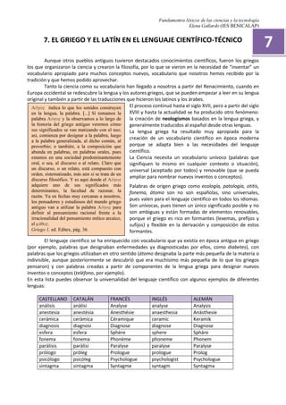 Fundamentos léxicos de las ciencias y la tecnología
Elena Gallardo (IES BENICALAP)
7. EL GRIEGO Y EL LATÍN EN EL LENGUAJE CIENTÍFICO-TÉCNICO
Aunque otros pueblos antiguos tuvieron destacados conocimientos científicos, fueron los griegos
los que organizaron la ciencia y crearon la filosofía, por lo que se vieron en la necesidad de “inventar” un
vocabulario apropiado para muchos conceptos nuevos, vocabulario que nosotros hemos recibido por la
tradición y que hemos podido aprovechar.
Tanto la ciencia como su vocabulario han llegado a nosotros a partir del Renacimiento, cuando en
Europa occidental se redescubre la lengua y los autores griegos, que se pueden empezar a leer en su lengua
original y también a partir de las traducciones que hicieron los latinos y los árabes.
El proceso continuó hasta el siglo XVII, pero a partir del siglo
XVIII y hasta la actualidad se ha producido otro fenómeno:
la creación de neologismos basados en la lengua griega, y
generalmente traducidos al español desde otras lenguas.
La lengua griega ha resultado muy apropiada para la
creación de un vocabulario científico en época moderna
porque se adapta bien a las necesidades del lenguaje
científico.
La Ciencia necesita un vocabulario unívoco (palabras que
signifiquen lo mismo en cualquier contexto o situación),
universal (aceptado por todos) y renovable (que se pueda
ampliar para nombrar nuevos inventos o conceptos).
Palabras de origen griego como ecología, patología, otitis,
fonema, átomo son no son españolas, sino universales,
pues valen para el lenguaje científico en todos los idiomas.
Son unívocas, pues tienen un único significado posible y no
son ambiguas y están formadas de elementos renovables,
porque el griego es rico en formantes (lexemas, prefijos y
sufijos) y flexible en la derivación y composición de estos
formantes.
El lenguaje científico se ha enriquecido con vocabulario que ya existía en época antigua en griego
(por ejemplo, palabras que designaban enfermedades ya diagnosticadas por ellos, como diabetes), con
palabras que los griegos utilizaban en otro sentido (átomo designaba la parte más pequeña de la materia o
indivisible, aunque posteriormente se descubrió que era muchísimo más pequeña de lo que los griegos
pensaron) y con palabras creadas a partir de componentes de la lengua griega para designar nuevos
inventos o conceptos (teléfono, por ejemplo).
En esta lista puedes observar la universalidad del lenguaje científico con algunos ejemplos de diferentes
lenguas:
CASTELLANO CATALÁN FRANCÉS INGLÉS ALEMÁN
análisis anàlisi Analyse analyse Analysis
anestesia anestèsia Anesthésie anaesthesia Anästhesie
cerámica ceràmica Céramique ceramic Keramik
diagnosis diagnosi Diagnose diagnose Diagnose
esfera esfera Sphère sphere Sphäre
fonema fonema Phonème phoneme Phonem
parálisis paràlisi Paralyse paralyse Paralyse
prólogo pròleg Prologue prologue Prolog
psicólogo psicòleg Psychologue psychologist Psychologue
sintagma sintagma Syntagme syntagm Syntagma
Lovgo" indica lo que los sonidos construyen
en la lengua, la palabra. [...] Si tomamos la
palabra Lovgo" y la observamos a lo largo de
la historia del griego antiguo veremos cómo
sus significados se van matizando con el uso;
así, comienza por designar a la palabra, luego
a la palabra generalizada, al dicho común, al
proverbio; o también, a la composición que
abunda en palabras, en palabras orales, pues
estamos en una sociedad predominantemente
oral, o sea, al discurso o al relato. Claro que
un discurso, o un relato, está compuesto con
orden, sistematizado, más aún si se trata de un
discurso filosófico. Y es aquí donde el Lovgo"
adquiere uno de sus significados más
determinantes, la facultad de razonar, la
razón. Ya en fechas muy cercanas a nosotros,
los pensadores y estudiosos del mundo griego
antiguo van a utilizar la palabra Lovgo" para
definir al pensamiento racional frente a la
irracionalidad del pensamiento mítico arcaico,
el muvqo".
Griego 1, ed. Editex, pág. 36.
7
 