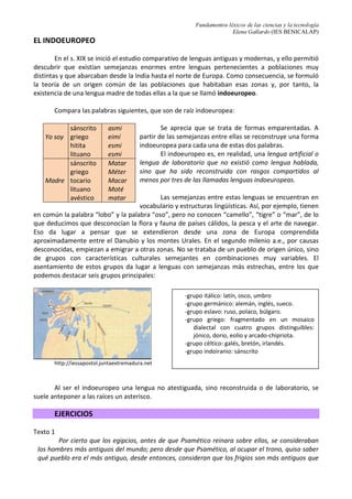 Fundamentos léxicos de las ciencias y la tecnología
Elena Gallardo (IES BENICALAP)
EL INDOEUROPEO
En el s. XIX se inició el estudio comparativo de lenguas antiguas y modernas, y ello permitió
descubrir que existían semejanzas enormes entre lenguas pertenecientes a poblaciones muy
distintas y que abarcaban desde la India hasta el norte de Europa. Como consecuencia, se formuló
la teoría de un origen común de las poblaciones que habitaban esas zonas y, por tanto, la
existencia de una lengua madre de todas ellas a la que se llamó indoeuropeo.
Compara las palabras siguientes, que son de raíz indoeuropea:
Se aprecia que se trata de formas emparentadas. A
partir de las semejanzas entre ellas se reconstruye una forma
indoeuropea para cada una de estas dos palabras.
El indoeuropeo es, en realidad, una lengua artificial o
lengua de laboratorio que no existió como lengua hablada,
sino que ha sido reconstruida con rasgos compartidos al
menos por tres de las llamadas lenguas indoeuropeas.
Las semejanzas entre estas lenguas se encuentran en
vocabulario y estructuras lingüísticas. Así, por ejemplo, tienen
en común la palabra “lobo” y la palabra “oso”, pero no conocen “camello”, “tigre” o “mar”, de lo
que deducimos que desconocían la flora y fauna de países cálidos, la pesca y el arte de navegar.
Eso da lugar a pensar que se extendieron desde una zona de Europa comprendida
aproximadamente entre el Danubio y los montes Urales. En el segundo milenio a.e., por causas
desconocidas, empiezan a emigrar a otras zonas. No se trataba de un pueblo de origen único, sino
de grupos con características culturales semejantes en combinaciones muy variables. El
asentamiento de estos grupos da lugar a lenguas con semejanzas más estrechas, entre los que
podemos destacar seis grupos principales:
http://iessapostol.juntaextremadura.net
Al ser el indoeuropeo una lengua no atestiguada, sino reconstruida o de laboratorio, se
suele anteponer a las raíces un asterisco.
EJERCICIOS
Texto 1
Por cierto que los egipcios, antes de que Psamético reinara sobre ellos, se consideraban
los hombres más antiguos del mundo; pero desde que Psamético, al ocupar el trono, quiso saber
qué pueblo era el más antiguo, desde entonces, consideran que los frigios son más antiguos que
Yo soy
sánscrito
griego
hitita
lituano
asmi
eimí
esmi
esmi
Madre
sánscrito
griego
tocario
lituano
avéstico
Matar
Méter
Macar
Moté
matar
-grupo itálico: latín, osco, umbro
-grupo germánico: alemán, inglés, sueco.
-grupo eslavo: ruso, polaco, búlgaro.
-grupo griego: fragmentado en un mosaico
dialectal con cuatro grupos distinguibles:
jónico, dorio, eolio y arcado-chipriota.
-grupo céltico: galés, bretón, irlandés.
-grupo indoiranio: sánscrito
 