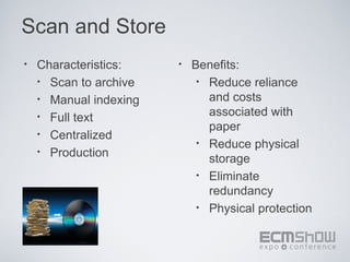 Scan and Store
•   Characteristics:    •   Benefits:
    • Scan to archive        • Reduce reliance
    • Manual indexing          and costs
    • Full text                associated with
                               paper
    • Centralized
                             • Reduce physical
    • Production
                               storage
                             • Eliminate
                               redundancy
                             • Physical protection
 