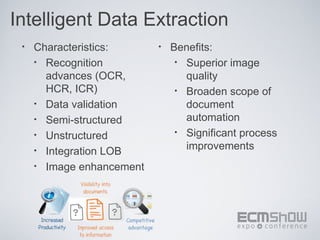 Intelligent Data Extraction
 •   Characteristics:      •   Benefits:
     • Recognition              • Superior image
       advances (OCR,             quality
       HCR, ICR)                • Broaden scope of
     • Data validation            document
     • Semi-structured            automation
     • Unstructured             • Significant process

     • Integration LOB            improvements
     • Image enhancement
 