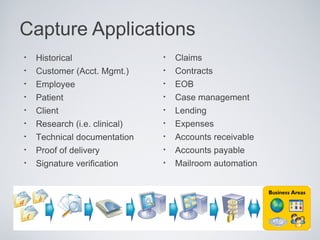 Capture Applications
•   Historical                 •   Claims
•   Customer (Acct. Mgmt.)     •   Contracts
•   Employee                   •   EOB
•   Patient                    •   Case management
•   Client                     •   Lending
•   Research (i.e. clinical)   •   Expenses
•   Technical documentation    •   Accounts receivable
•   Proof of delivery          •   Accounts payable
•   Signature verification     •   Mailroom automation
 
