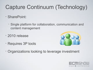 Capture Continuum (Technology)
•   SharePoint:
    •   Single platform for collaboration, communication and
        content management

•   2010 release

•   Requires 3P tools

•   Organizations looking to leverage investment
 