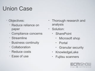 Union Case
 •   Objectives:             •   Thorough research and
     • Reduce reliance on        analysis
       paper                 •   Solution:
     • Compliance concerns       • SharePoint
     • Streamline                  • Microsoft shop
     • Business continuity         • Portal
     • Collaboration               • Granular security
     • Reduce costs              • KnowledgeLake
     • Ease of use               • Fujitsu scanners
 