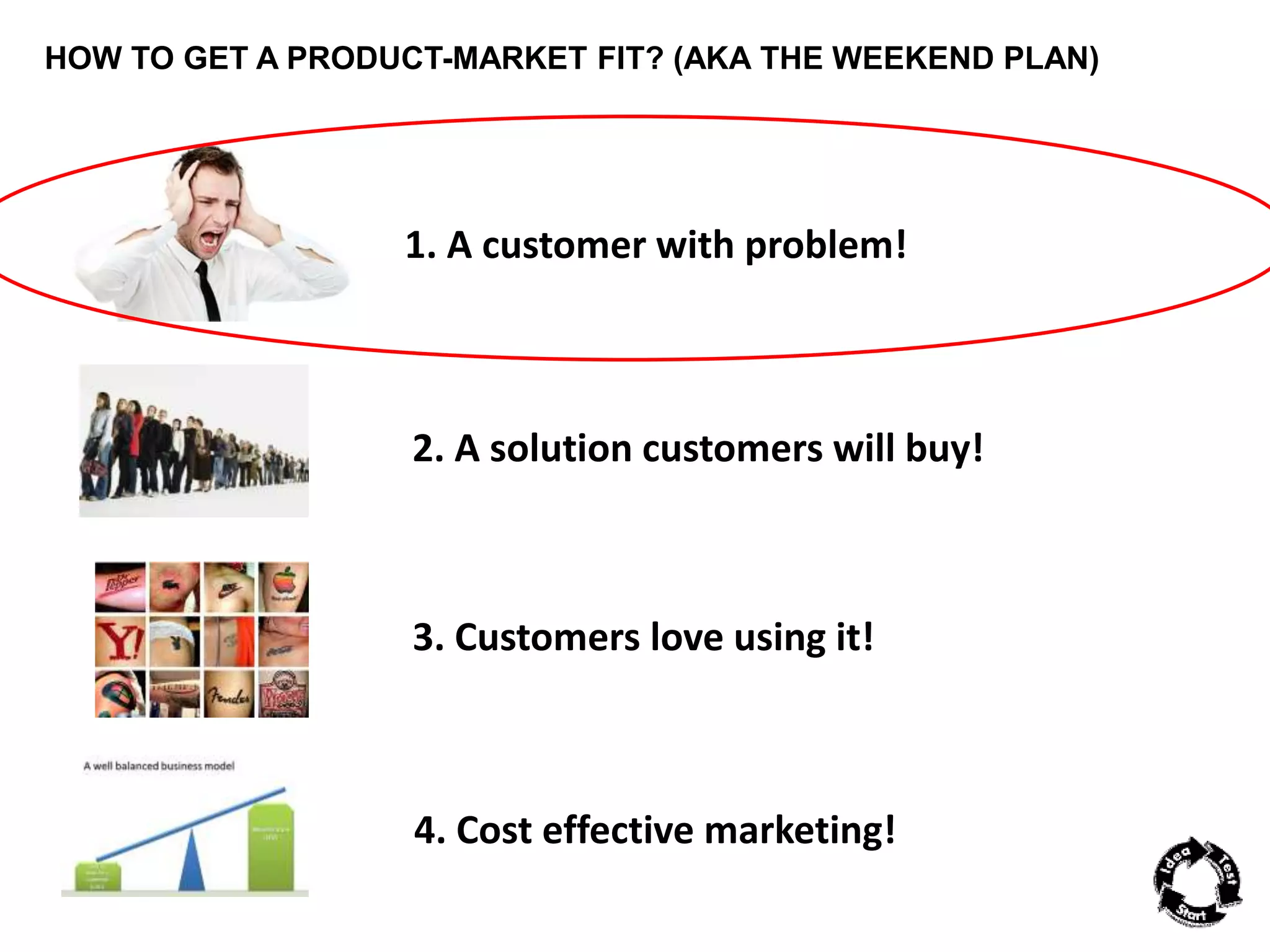 HOW TO GET A PRODUCT-MARKET FIT? (AKA THE WEEKEND PLAN) 
1. A customer with problem! 
2. A solution customers will buy! 
3. Customers love using it! 
4. Cost effective marketing! 
 