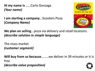 Hi my name is ……Carlo Gonzaga 
(Your name) 
I am starting a company...Scooters Pizza 
(Company Name) 
We plan on selling...pizza via delivery and retail locations. 
(describe solution in simple language) 
The mass market 
(customer segment) 
Will buy from us because………we deliver in 39 minutes or it is 
free 
(describe value proposition) 
 
