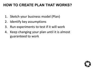 HOW TO CREATE PLAN THAT WORKS? 
1. Sketch your business model (Plan) 
2. Identify key assumptions 
3. Run experiments to test if it will work 
4. Keep changing your plan until it is almost 
guaranteed to work 
 