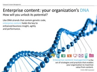 Enterprise content: your organization ’s  DNA How will you unlock its potential? Like DNA strands that contain genetic code,  enterprise content  holds the key to  enhanced business insight, agility and performance.  Enterprise content management   is the  set of strategies and practices that enables  your organization to maximize  value from content.  © 2011 IBM Corporation 