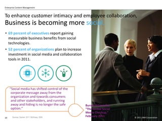 To enhance customer intimacy and employee collaboration, Business is becoming more  social. 69 percent of executives  report gaining measurable business benefits from social technologies. 52 percent of organizations  plan to increase   investment in social media and collaboration tools in 2011. “ Social media has shifted control of the corporate message away from the organization and towards consumers and other stakeholders, and running away and hiding is no longer the safe option.” Burson-Marsteller “ The Global Social Media Checkup,” February 2011 Sources: Gartner, 2011; McKinsey, 2009. © 2011 IBM Corporation 