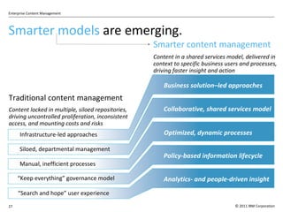 Smarter models  are emerging. Smarter content management Content in a shared services model, delivered in context to specific business users and processes, driving faster insight and action Traditional content management Content locked in multiple, siloed repositories, driving uncontrolled proliferation, inconsistent access, and mounting costs and risks Infrastructure-led approaches Business solution–led approaches Siloed, departmental management Collaborative, shared services model Manual, inefficient processes Optimized, dynamic processes “ Keep everything ”  governance model Policy-based information lifecycle “ Search and hope ”  user experience Analytics- and people-driven insight 