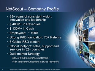 NetScout – Company Profile 
• 25+ years of consistent vision, 
innovation and leadership 
• $ 400M+ in Revenues 
• $ 130M+ in Cash 
• Employees: ~ 1000 
• Strong R&D foundation: 70+ Patents 
• 6 Global R&D centers 
• Global footprint: sales, support and 
services in 32+ countries 
• Dual-market Strategy 
93% of F100 enterprise customers 
148+ Telecommunications Service Providers 
| RLong BCronin | 26 November 2014 | Confidential | © 2013 NetScout Systems, Inc. 2 All rights reserved. 
 