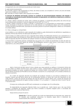 PROF. ROBERTO PINHEIRO TÉCNICO DO SEGURO SOCIAL  INSS DIREITO PREVIDENCIÁRIO
O CURSO PERMANENTE que mais APROVA!
77
O pagamento da cota individual da pensão por morte cessa:
I - pela morte do pensionista;
II - para filho, pessoa a ele equiparada ou irmão, de ambos os sexos, ao completar 21 (vinte e um) anos de idade,
salvo se for inválido ou com deficiência
III - para filho ou irmão inválido, pela cessação da invalidez;
O exercício de atividade remunerada, inclusive na condição de microempreendedor individual, não impede a
concessão ou manutenção da parte individual da pensão do dependente com deficiência intelectual ou mental ou
com deficiência grave
IV - Perde o direito à pensão por morte, após o trânsito em julgado, o condenado pela prática de crime de que
tenha dolosamente resultado a morte do segurado (Lei 8.213/91, art. 74, § 1º).
V -Perde o direito à pensão por morte o cônjuge, o companheiro ou a companheira se comprovada, a qualquer
tempo, simulação ou fraude no casamento ou na união estável, ou a formalização desses com o fim exclusivo de
constituir benefício previdenciário, apuradas em processo judicial no qual será assegurado o direito ao contraditório
e à ampla defesa;
VI – Para o cônjuge ou companheiro:
a) se inválido ou com deficiência, pela cessação da invalidez ou pelo afastamento da deficiência, respeitados os
períodos mínimos decorrentes da aplicação das alíneas ―b‖ e ―c‖;
b) em 4 meses, se o óbito ocorrer sem que o segurado tenha vertido 18 contribuições mensais ou se o casamento ou a
união estável tiverem sido iniciados em menos de 2 anos antes do óbito do segurado (essa regra não será aplicada se o
óbito do segurado decorrer de acidente de qualquer natureza ou de doença profissional ou do trabalho);
c) transcorridos os seguintes períodos, estabelecidos de acordo com a idade do beneficiário na data de óbito do
segurado, se o óbito ocorrer depois de vertidas 18 contribuições mensais e pelo menos 2 anos após o início do
casamento ou da união estável:
Idade do cônjuge
Duração do benefício de
pensão por morte (em anos)
Menos de 21 anos 3
Entre 21 a 26 anos 6
Entre 27 e 29 anos 10
Entre 30 e 40 anos 15
Entre 41 e 43 anos 20
44 anos vitalícia
Após o transcurso de pelo menos 3 anos e desde que nesse período se verifique o incremento mínimo de
um ano inteiro na média nacional única, para ambos os sexos, correspondente à expectativa de sobrevida da
população brasileira ao nascer, poderão ser fixadas, em números inteiros, novas idades para a tabela acima, em
ato do Ministro de Estado da Previdência Social, limitado o acréscimo na comparação com as idades anteriores ao
referido incremento.
Se o óbito do segurado decorrer de acidente de qualquer natureza ou de doença profissional ou do
trabalho, mesmo que ele tenha menos de 18 contribuições mensais ou menos de 2 anos de casamento ou de
união estável, o prazo de duração da pensão não será de apenas 4 meses. Nesse caso, o prazo de duração da
pensão por morte obedecerá as regras contidas na alínea ―a‖ ou na alínea ―c‖, ambas do inciso V do § 2º do art.
77 da Lei 8.213/91.
O tempo de contribuição ao RPPS será considerado na contagem das 18 contribuições.
Os dependentes de segurado falecido farão a jus a pensão por morte mesmo que o de cujus tenha
perdido a qualidade de segurado, desde que tenha cumprido os requisitos exigidos para a concessão de
aposentadoria até a data do falecimento.
Nesses termos súmula 416 do STJ:
Súmula 416: “É devida a pensão por morte aos dependentes do segurado que, apesar de
ter perdido essa qualidade, preencheu os requisitos legais para a obtenção de
aposentadoria até a data do seu óbito”.
 