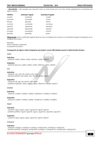 PROF. MÁRCIO SOBRINHO POLÍCIA CIVIL  2016 LÍNGUA PORTUGUESA
O CURSO PERMANENTE que mais APROVA! 25
– Abundantes – são aqueles que possuem duas ou mais formas em um único modo, geralmente no particípio de
alguns verbos.
Infinitivo particípio regular particípio irregular
aceitar aceitado aceito
acender acendido aceso
benzer benzido bento
concluir concluído concluso
exprimir exprimido expresso
expulsar expulsado expulso
enxugar enxugado enxuto
prender prendido preso
Observação: Com o particípio regular deve-se usar os auxiliares ter e haver e no particípio irregular empregam-se os
auxiliares ser e estar.
Exemplo:
Tinha aceitado a proposta.
A proposta foi aceita.
Conjugação de alguns verbos irregulares que podem causar dificuldades quanto a determinados tempos.
Odiar
Indicativo
- presente: odeio, odeias, odeia, odiamos, odiais, odeiam
Subjuntivo
- presente (que eu): odeie, odeies, odeie, odiemos, odieis, odeiem
Dar
Indicativo
- presente: dou, dás, dá, damos, dais, dão
- pretérito perfeito: dei, deste, deu, demos, destes, deram
Subjuntivo
- presente: dê, dês, dê, demos, deis dêem
- pretérito imperfeito: desse, desses, desse, déssemos, désseis, dessem
Mobiliar
Indicativo
- presente: mobílio, mobílias, mobília, mobiliamos, mobiliais, mobíliam
Subjuntivo
- presente: mobílie, mobílies, mobílie, mobiliemos, mobilieis, mobíliem
Aguar
Indicativo
- presente: águo, águas, água, aguamos, aguais, águam
- pretérito perfeito: aguei, aguaste, aguou, aguamos, aguastes, aguaram
Subjuntivo
- presente: águe, águes, águe, aguemos, agueis, águem
Averiguar
Indicativo
- presente: averiguo, averiguas, averigua, averiguamos, averiguais, averiguam
- pretérito perfeito: averiguei, averiguaste, averiguou, averiguamos, averiguastes, averiguaram
 