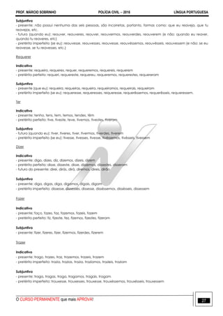 PROF. MÁRCIO SOBRINHO POLÍCIA CIVIL  2016 LÍNGUA PORTUGUESA
O CURSO PERMANENTE que mais APROVA! 27
Subjuntivo
- presente: não possui nenhuma das seis pessoas, são incorretas, portanto, formas como: que eu reaveja, que tu
reavejas, etc.
- futuro (quando eu): reouver, reouveres, reouver, reouvermos, reouverdes, reouverem (e não: quando eu reaver,
quando tu reaveres, etc)
- pretérito imperfeito (se eu): reouvesse, reouvesses, reouvesse, reouvéssemos, reouvésseis, reouvessem (e não: se eu
reavesse, se tu reavesses, etc.)
Requerer
Indicativo
- presente: requeiro, requeres, requer, requeremos, requereis, requerem
- pretérito perfeito: requeri, requereste, requereu, requeremos, requerestes, requereram
Subjuntivo
- presente (que eu): requeira, requeiras, requeira, requeiramos, requeirais, requeiram
- pretérito imperfeito (se eu): requeresse, requeresses, requeresse, requerêssemos, requerêsseis, requeressem.
Ter
Indicativo
- presente: tenho, tens, tem, temos, tendes, têm
- pretérito perfeito: tive, tiveste, teve, tivemos, tivestes, tiveram
Subjuntivo
- futuro (quando eu): tiver, tiveres, tiver, tivermos, tiverdes, tiverem
- pretérito imperfeito (se eu): tivesse, tivesses, tivesse, tivéssemos, tivésseis, tivessem
Dizer
Indicativo
- presente: digo, dizes, diz, dizemos, dizeis, dizem
- pretérito perfeito: disse, disseste, disse, dissemos, dissestes, disseram
- futuro do presente: direi, dirás, dirá, diremos, direis, dirão
Subjuntivo
- presente: diga, digas, diga, digamos, digais, digam
- pretérito imperfeito: dissesse, dissesses, dissesse, disséssemos, dissésseis, dissessem
Fazer
Indicativo
- presente: faço, fazes, faz, fazemos, fazeis, fazem
- pretérito perfeito: fiz, fizeste, fez, fizemos, fizestes, fizeram
Subjuntivo
- presente: fizer, fizeres, fizer, fizermos, fizerdes, fizerem
Trazer
Indicativo
- presente: trago, trazes, traz, trazemos, trazeis, trazem
- pretérito imperfeito: trazia, trazias, trazia, trazíamos, trazíeis, traziam
Subjuntivo
- presente: traga, tragas, traga, tragamos, tragais, tragam
- pretérito imperfeito: trouxesse, trouxesses, trouxesse, trouxéssemos, trouxésseis, trouxessem
 