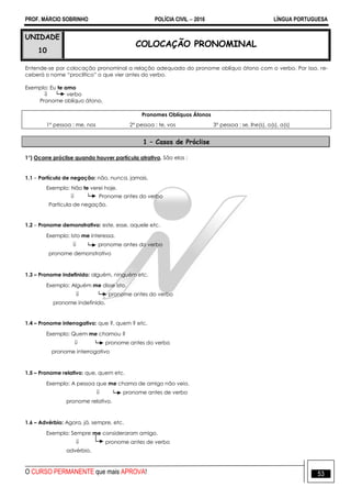 PROF. MÁRCIO SOBRINHO POLÍCIA CIVIL  2016 LÍNGUA PORTUGUESA
O CURSO PERMANENTE que mais APROVA! 53
UNIDADE
10
COLOCAÇÃO PRONOMINAL
Entende-se por colocação pronominal a relação adequada do pronome oblíquo átono com o verbo. Por isso, re-
ceberá o nome ―proclítico‖ o que vier antes do verbo.
Exemplo: Eu te amo
 verbo
Pronome oblíquo átono.
Pronomes Oblíquos Átonos
1° pessoa : me, nos 2° pessoa : te, vos 3° pessoa : se, lhe(s), o(s), a(s)
1 – Casos de Próclise
1°) Ocorre próclise quando houver partícula atrativa. São elas :
1.1 – Partícula de negação: não, nunca, jamais.
Exemplo: Não te verei hoje.
 Pronome antes do verbo
Partícula de negação.
1.2 – Pronome demonstrativo: este, esse, aquele etc.
Exemplo: Isto me interessa.
 pronome antes do verbo
pronome demonstrativo
1.3 – Pronome indefinido: alguém, ninguém etc.
Exemplo: Alguém me disse isto.
 pronome antes do verbo
pronome indefinido.
1.4 – Pronome interrogativo: que ?, quem ? etc.
Exemplo: Quem me chamou ?
 pronome antes do verbo
pronome interrogativo
1.5 – Pronome relativo: que, quem etc.
Exemplo: A pessoa que me chama de amigo não veio.
 pronome antes de verbo
pronome relativo.
1.6 – Advérbio: Agora, já, sempre, etc.
Exemplo: Sempre me consideraram amigo.
 pronome antes de verbo
advérbio.
 
