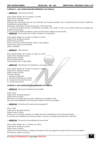 PROF. RICARDO PEREIRA POLÍCIA CIVIL  MS  2016 DIREITO PENAL, PROCESSUAL PENAL E LEP
O CURSO PERMANENTE que mais APROVA!
36
CAPÍTULO IV – DAS CONTRAVENÇÕES REFERENTES À PAZ PÚBLICA.
 ARTIGO 39. ―Associação secreta‖
Pena: prisão simples, de 1 a 6 meses, ou multa.
Sujeito Ativo: Qualquer pessoa;
Sujeito Passivo: Estado.
Participar de associação mais de cinco pessoas, em reunião periódica, sob o compromisso de ocultar a existência
finalidade do poder público;
Garantida a liberdade de associação (arts. 5º XVIII, XIX e XX);
§ 1º Incide nas mesmas penas o proprietário do prédio, que cede no todo ou em parte, desde que soubesse ser
secreta a associação;
§ 2º O Juiz pode deixar de aplicar a pena quando lícito o objeto da associação.
 ARTIGO 40. ―Provocação de tumulto. Conduta inconveniente‖.
Pena: prisão simples, de 15 dias a 6 meses, ou multa.
Sujeito Ativo: Qualquer pessoa;
Sujeito Passivo: Estado.
Provocar tumulto: incitar discórdia, intervir, vaiar, gritaria;
Postar-se de modo inconveniente.
Delito subsidiário.
 ARTIGO 41. ―Falso alarme‖
Pena: prisão simples, de 15 dias a 6 meses, ou multa.
Sujeito Ativo: Qualquer pessoa;
Sujeito Passivo: Estado.
Provocar falso alarme.
Lei de imprensa art. 16 (lei 5.250).
 ARTIGO 42. ―Perturbação do trabalho ou do sossego alheio‖
Pena: prisão simples, de 15 dias a 3 meses, ou multa.
Sujeito Ativo: Qualquer pessoa;
Sujeito Passivo: Estado.
Perturbar alguém;
I – gritaria ou algazarra;
II - profissão incômoda ou ruidosa;
III - abusar de instrumento sonoro;
IV - barulho de animal.
CAPÍTULO V– DAS CONTRAVENÇÕES REFERENTES À FÉ PÚBLICA.
 ARTIGO 43. ―Recusa de moeda de curso legal‖
Pena: multa
Sujeito Ativo: Qualquer pessoa;
Sujeito Passivo: Estado.
Recusar-se a receber pelo seu valor, moeda de curso legal no País;
Tem que haver legislação instituindo essa moeda como de curso legal.
 ARTIGO 44. ―Imitação de moeda para propaganda‖
Pena: multa
Sujeito Ativo: Qualquer pessoa;
Sujeito Passivo: Estado.
Colocar em circulação, impresso ou objeto que tenha semelhança com notas de dinheiro;
Ex: santinho de candidato em impresso similar a nota de circulação (Tacrim/SP Acrim 639.573)
 ARTIGO 45. ―Simulação da qualidade de funcionário‖
Pena: prisão simples, de 1 a 3 meses, ou multa.
Sujeito Ativo: Qualquer pessoa;
Sujeito Passivo: Estado.
Fingir-se funcionário público, o objetivo principal é evitar que alguém se passe como funcionário público;
Por palavras, gestos ou escritos.
 