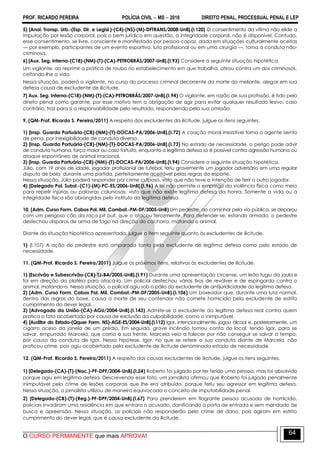 PROF. RICARDO PEREIRA POLÍCIA CIVIL  MS  2016 DIREITO PENAL, PROCESSUAL PENAL E LEP
O CURSO PERMANENTE que mais APROVA!
64
5) [Anal. Transp. Urb.-(Esp. Dir. e Legisl.)-(C4)-(NS)-(M)-DFTRANS/2008-UnB].(I.120) O consentimento da vítima não elide a
imputação por lesão corporal, pois o bem jurídico em questão, a integridade corporal, não é disponível. Contudo,
esse consentimento, se livre, consciente e manifestado por pessoa capaz, dado em situações culturalmente aceitas
— por exemplo, participantes de um evento esportivo, luta profissional ou em uma cirurgia —, torna a conduta não-
criminosa.
6) [Aux. Seg. Interna-(C18)-(NM)-(T)-(CA)-PETROBRÁS/2007-UnB].(I.93) Considere a seguinte situação hipotética.
Um vigilante, ao reprimir a prática de roubo no estabelecimento em que trabalha, atirou contra um dos criminosos,
ceifando-lhe a vida.
Nessa situação, poderá o vigilante, no curso do processo criminal decorrente da morte do meliante, alegar em sua
defesa causa de excludente de ilicitude.
7) Aux. Seg. Interna-(C18)-(NM)-(T)-(CA)-PETROBRÁS/2007-UnB].(I.94) O vigilante, em razão de sua profissão, é tido pelo
direito penal como garante, por esse motivo tem a obrigação de agir para evitar qualquer resultado lesivo, caso
contrário, traz para si a responsabilidade pelo resultado, respondendo pela sua omissão.
9. (QM-Prof. Ricardo S. Pereira/2011) A respeito das excludentes da ilicitude, julgue os itens seguintes.
1) [Insp. Guarda Portuária-(C8)-(NM)-(T)-DOCAS-PA/2006-UnB].(I.72) A coação moral irresistível torna o agente isento
de pena, por inexigibilidade de conduta diversa.
2) [Insp. Guarda Portuária-(C8)-(NM)-(T)-DOCAS-PA/2006-UnB].(I.73) No estado de necessidade, o perigo pode advir
de conduta humana, força maior ou caso fortuito, enquanto a legítima defesa só é possível contra agressão humana ou
ataque espontâneo de animal irracional.
3) [Insp. Guarda Portuária-(C8)-(NM)-(T)-DOCAS-PA/2006-UnB].(I.94) Considere a seguinte situação hipotética.
Júlio, com 19 anos de idade, jogador profissional de futebol, feriu gravemente um jogador adversário em uma regular
disputa de bola, durante uma partida, perfeitamente aceitável pelas regras do esporte.
Nessa situação, Júlio poderá responder por crime culposo, visto que não teve a intenção de ferir o outro jogador.
4) [Delegado Pol. Subst.-(C1)-(M)-PC-ES/2006-UnB].(I.96) A lei não permite o emprego da violência física como meio
para repelir injúrias ou palavras caluniosas, visto que não existe legítima defesa da honra. Somente a vida ou a
integridade física são abrangidas pelo instituto da legítima defesa.
10. (Adm. Curso Form. Cabos Pol. Mil. Combat.-PM-DF/2005-UnB) Um pedestre, ao caminhar pela via pública, se deparou
com um perigoso cão da raça pit bull, que o atacou ferozmente. Para defender-se, estando armado, o pedestre
desfechou disparos de arma de fogo na direção do cachorro, matando o animal.
Diante da situação hipotética apresentada, julgue o item seguinte quanto às excludentes de ilicitude.
1) (I.107) A ação do pedestre está amparada tanto pela excludente de legítima defesa como pelo estado de
necessidade.
11. (QM-Prof. Ricardo S. Pereira/2011) Julgue os próximos itens, relativos às excludentes de ilicitude.
1) [Escrivão e Subescrivão-(CB)-TJ-BA/2005-UnB].(I.91) Durante uma apresentação circense, um leão fugiu da jaula e
foi em direção da platéia para atacá-la. Um policial desfechou vários tiros de revólver e de espingarda contra o
animal, matando-o. Nessa situação, o policial agiu sob o pálio da excludente de antijuridicidade da legítima defesa.
2) (Adm. Curso Form. Cabos Pol. Mil. Combat.-PM-DF/2005-UnB).(I.106) Um boxeador que, durante uma luta normal,
dentro das regras do boxe, causa a morte de seu contendor não comete homicídio pela excludente de estrito
cumprimento do dever legal.
3) [Advogado da União-(CA)-AGU/2004-UnB].(I.143) Admite-se a excludente da legítima defesa real contra quem
pratica o fato acobertado por causa de exclusão da culpabilidade, como o inimputável.
4) [Auditor do Estado-(Qquer Form. NS)-AGE-ES/2004-UnB].(I.112) Igor, intencionalmente, jogou álcool e, posteriormente, um
cigarro aceso da janela de um prédio. Em seguida, grave incêndio tomou conta do local, tendo Igor, para se
salvar, empurrado Marcela, que corria a sua frente. Marcela veio a falecer por não conseguir se salvar a tempo,
por causa da conduta de Igor. Nessa hipótese, Igor, no que se refere a sua conduta diante de Marcela, não
praticou crime, pois agiu acobertado pela excludente de ilicitude denominada estado de necessidade.
12. (QM-Prof. Ricardo S. Pereira/2011) A respeito das causas excludentes de ilicitude, julgue os itens seguintes.
1) [Delegado-(CA)-(T)-(Nac.)-PF-DPF/2004-UnB].(I.24) Roberto foi julgado por ter ferido uma pessoa, mas foi absolvido
porque agiu em legítima defesa. Descrevendo esse fato, um jornalista afirmou que Roberto foi julgado penalmente
inimputável pelo crime de lesões corporais que lhe era atribuído, porque feriu seu agressor em legítima defesa.
Nessa situação, o jornalista utilizou de maneira equivocada o conceito de imputabilidade penal.
2) [Delegado-(CB)-(T)-(Reg.)-PF-DPF/2004-UnB].(I.67) Para prenderem em flagrante pessoa acusada de homicídio,
policiais invadiram uma residência em que entrara o acusado, danificando a porta de entrada e sem mandado de
busca e apreensão. Nessa situação, os policiais não responderão pelo crime de dano, pois agiram em estrito
cumprimento do dever legal, que é causa excludente da ilicitude.
 