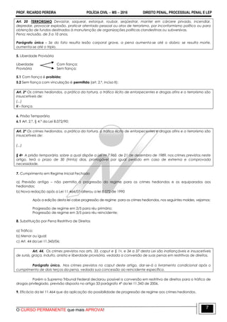 PROF. RICARDO PEREIRA POLÍCIA CIVIL  MS  2016 DIREITO PENAL, PROCESSUAL PENAL E LEP
O CURSO PERMANENTE que mais APROVA!
7
Art. 20 -TERRORISMO Devastar, saquear, extorquir, roubar, seqüestrar, manter em cárcere privado, incendiar,
depredar, provocar explosão, praticar atentado pessoal ou atos de terrorismo, por inconformismo político ou para
obtenção de fundos destinados à manutenção de organizações políticas clandestinas ou subversivas.
Pena: reclusão, de 3 a 10 anos.
Parágrafo único - Se do fato resulta lesão corporal grave, a pena aumenta-se até o dobro; se resulta morte,
aumenta-se até o triplo.
5. Liberdade Provisória
Liberdade Com fiança;
Provisória Sem fiança;
5.1 Com fiança é proibida;
5.2 Sem fiança com vinculação é permitida (art. 2.º, inciso II);
Art. 2º Os crimes hediondos, a prática da tortura, o tráfico ilícito de entorpecentes e drogas afins e o terrorismo são
insuscetíveis de:
(...)
II - fiança.
6. Prisão Temporária
6.1 Art. 2.º, § 4.º da Lei 8.072/90;
Art. 2º Os crimes hediondos, a prática da tortura, o tráfico ilícito de entorpecentes e drogas afins e o terrorismo são
insuscetíveis de:
(...)
§ 4o A prisão temporária, sobre a qual dispõe a Lei no 7.960, de 21 de dezembro de 1989, nos crimes previstos neste
artigo, terá o prazo de 30 (trinta) dias, prorrogável por igual período em caso de extrema e comprovada
necessidade.
7. Cumprimento em Regime Inicial Fechado
a) Previsão antiga – não permitia a progressão do regime para os crimes hediondos e os equiparados aos
hediondos;
b) Nova redação após a Lei 11.464/07-alterou a lei 8.072 de 1990
Após a edição desta lei cabe progressão de regime para os crimes hediondos, nos seguintes moldes, vejamos:
Progressão de regime em 2/5 para réu primário;
Progressão de regime em 3/5 para réu reincidente;
8. Substituição por Pena Restritiva de Direitos
a) Tráfico;
b) Menor ou igual;
c) Art. 44 da Lei 11.343/06;
Art. 44. Os crimes previstos nos arts. 33, caput e § 1o, e 34 a 37 desta Lei são inafiançáveis e insuscetíveis
de sursis, graça, indulto, anistia e liberdade provisória, vedada a conversão de suas penas em restritivas de direitos.
Parágrafo único. Nos crimes previstos no caput deste artigo, dar-se-á o livramento condicional após o
cumprimento de dois terços da pena, vedada sua concessão ao reincidente específico.
Porém o Supremo Tribunal Federal declarou possível a conversão em restritiva de direitos para o tráfico de
drogas privilegiado, previsão disposta no artigo 33 parágrafo 4º da lei 11.343 de 2006.
9. Eficácia da lei 11.464 que da aplicação da possibilidade de progressão de regime aos crimes hediondos.
 