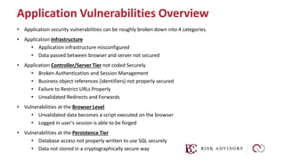 Application Vulnerabilities Overview
• Application security vulnerabilities can be roughly broken down into 4 categories.
...
