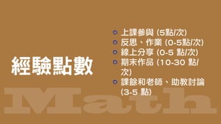 Math
上課參與 (5點/次)
反思、作業 (0-5點/次)
線上分享 (0-5 點/次)
期末作品 (10-30 點/
次)
課餘和老師、助教討論
(3-5 點)　
經驗點數
 