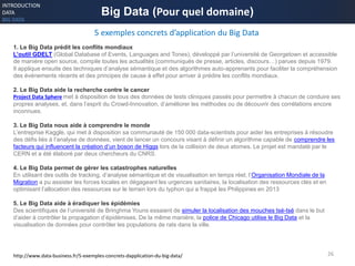 26
Big Data (Pour quel domaine)
INTRODUCTION
DATA
BIG DATA
5 exemples concrets d’application du Big Data
http://www.data-b...