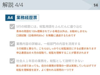 14解説 4/4
業務経歴票A4
5行の経歴には，総監用語をふんだんに盛り込む
業務内容の詳細は，一般部門の内容を流用する
社会人１年目の業務を，総監として説明できない
青本の用語を100%理解されている場合以外は，お勧めしません
口頭試験（合格率約80%）を無難に通過するためです
５行経歴と異なり，こちらはしっかりと総監論文にする必要があります
申込書提出の４月の段階で，総監を理解することが要求されます
新人の頃であっても，自分の業務の管理の一部は実施していたはずです
総監を理解度を試す，よく使われる質問の一つです
 