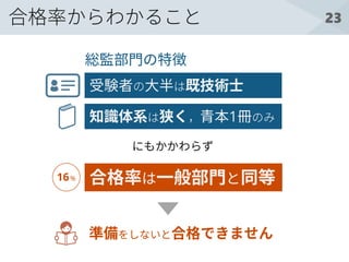 23合格率からわかること
合格率は一般部門と同等
受験者の大半は既技術士
知識体系は狭く，青本1冊のみ
にもかかわらず
準備をしないと合格できません
総監部門の特徴
16%
 