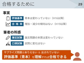 29合格するために
青本は変わっていない（H16以降）評価基準
事実
増加・減少の傾向はない（H19以降）合 格 率
論文問題の本質は変わっていない筆記試験
筆者の所感
試問に変化はない口頭試験
サプライズ問題はありえない ＆ 出されていない
評価基準（青本）を理解すれば合格できる
 