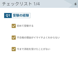 6チェックリスト 1/4
受験の経験Q1
初めて受験する
不合格の理由がイマイチよくわからない
今まで添削を受けたことがない
 