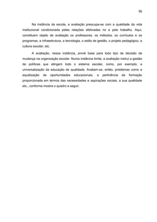 56
Na instância da escola, a avaliação preocupa-se com a qualidade da vida
institucional condicionada pelas relações efetivadas no e pelo trabalho. Aqui,
constituem objeto de avaliação os professores, os métodos, os currículos e os
programas, a infraestrutura, a tecnologia, o estilo de gestão, o projeto pedagógico, a
cultura escolar, etc.
A avaliação, nessa instância, provê base para todo tipo de decisão de
mudança na organização escolar. Numa instância limite, a avaliação instrui a gestão
de políticas que atingem todo o sistema escolar, como, por exemplo, a
universalização da educação de qualidade. Avaliam-se, então, problemas como a
equalização de oportunidades educacionais, a pertinência da formação
proporcionada em termos das necessidades e aspirações sociais, a sua qualidade
etc., conforme mostra o quadro a seguir.
 