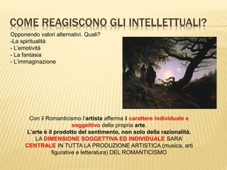 COME REAGISCONO GLI INTELLETTUALI?
Opponendo valori alternativi. Quali?
-La spiritualità
- L’emotività
- La fantasia
- L’immaginazione
Con il Romanticismo l’artista afferma il carattere individuale e
soggettivo della propria arte.
L’arte è il prodotto del sentimento, non solo della razionalità.
LA DIMENSIONE SOGGETTIVA ED INDIVIDUALE SARA’
CENTRALE IN TUTTA LA PRODUZIONE ARTISTICA (musica, arti
figurative e letteratura) DEL ROMANTICISMO
 