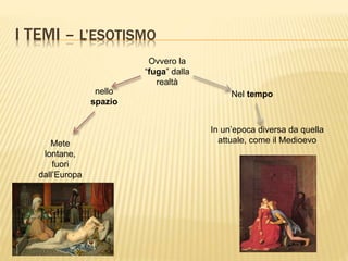 I TEMI – L’ESOTISMO
Ovvero la
“fuga” dalla
realtà
In un’epoca diversa da quella
attuale, come il Medioevo
nello
spazio
Mete
lontane,
fuori
dall’Europa
Nel tempo
 
